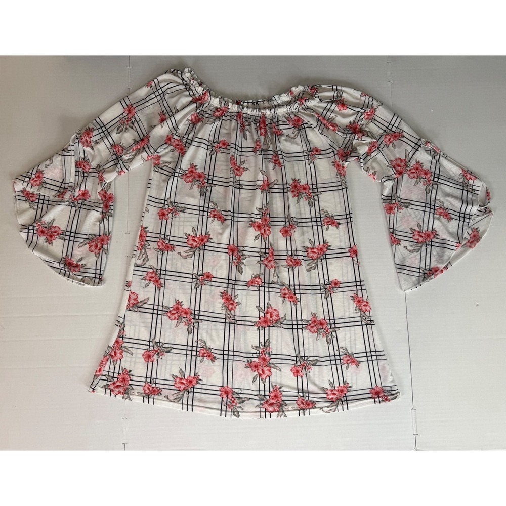 Floral Plaid Flowy Bell Sleeve Tunic Top Pink Black White L-XL Lildy Cottagecore
